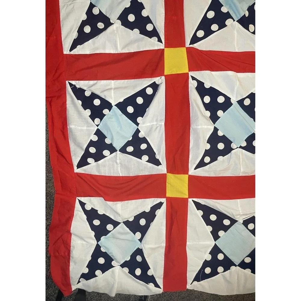 Classic Patriotic Americana Quilt Top 64x90 Modern Farmhouse Boho Red Blue Vivid